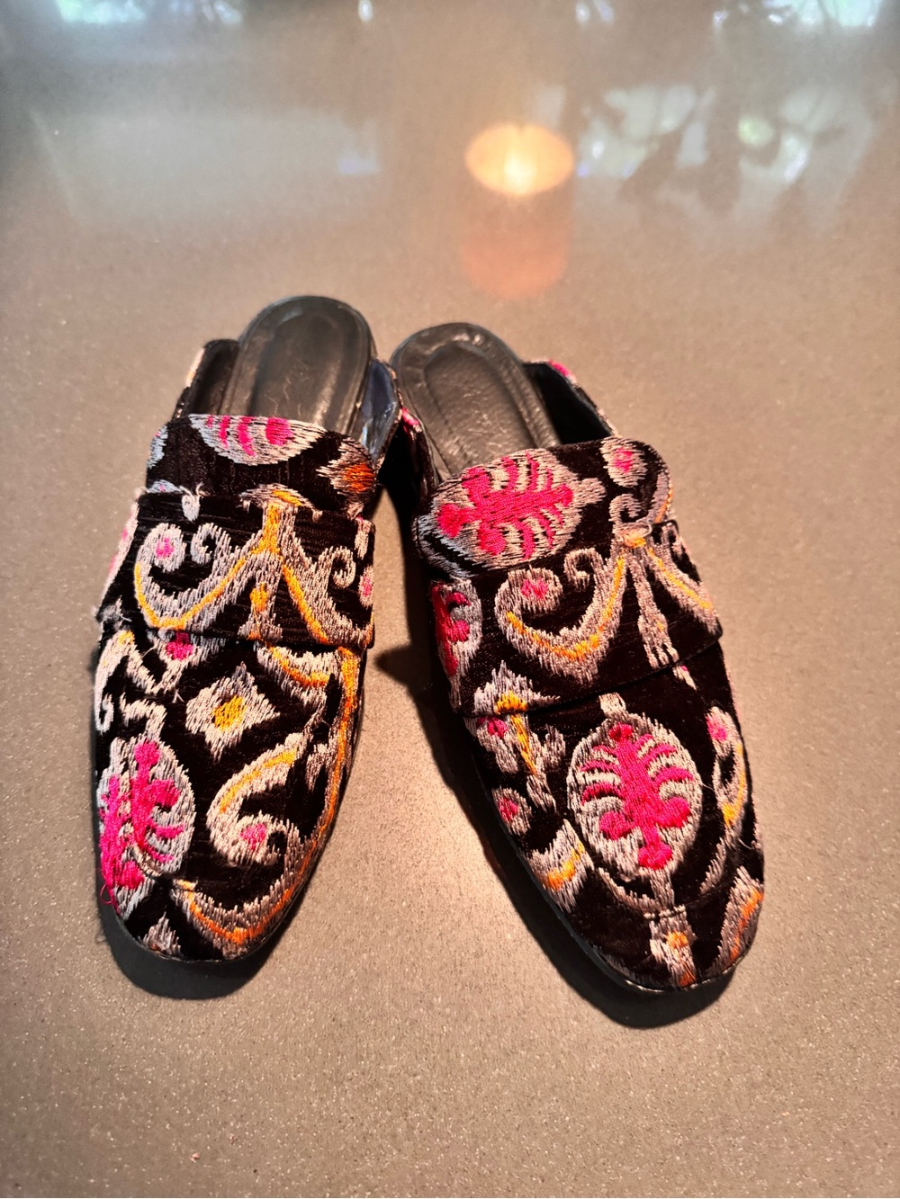 Free People Black Embroidered Slip-On Mules with Pink & Yellow Accents